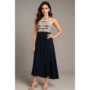 Roxy Maxi Dress Womens 2 High Neck Navy Coastal Beach Resort Boho Vacation‎ wear